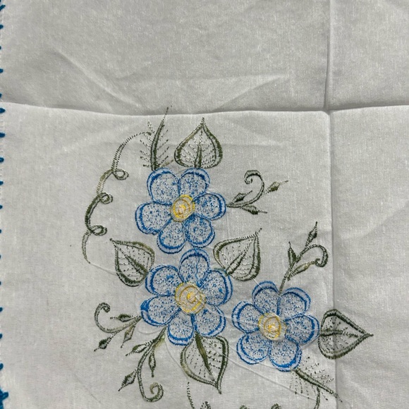 Handmade embroidered handkerchief, blue flowerand a blue crocheted edge NEW - Picture 6 of 8